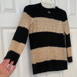 J Crew Black & Tan Stripe Sequin 3/4 Length Sleeves Crewneck Sweater X-SMALL